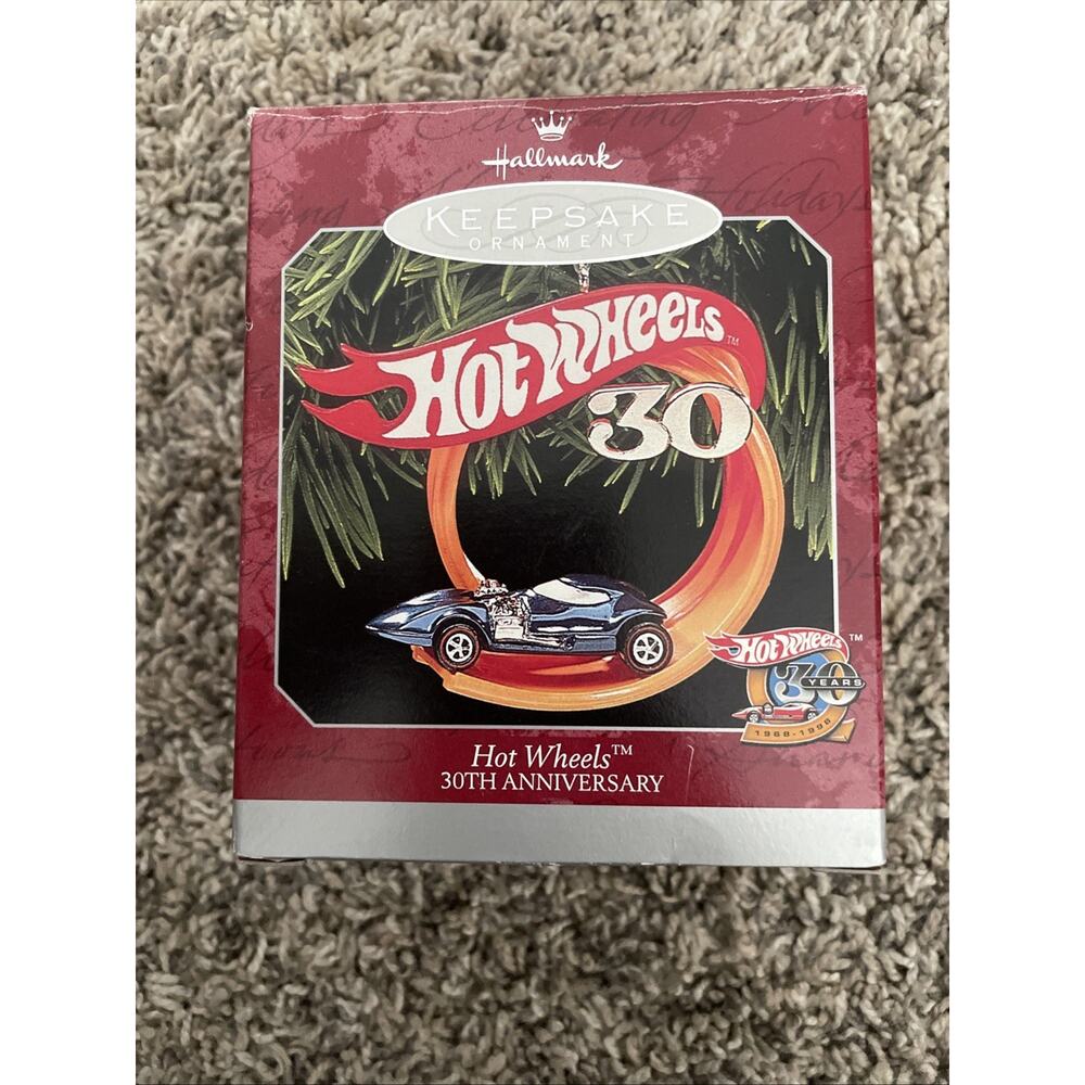 Hallmark Keepsake Ornament Hot Wheels 30th Anniversary Blue Car On Track 1998